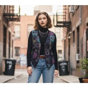 Vintage CLIO Puffy Paint Velour Vest — Made in USA — Size L